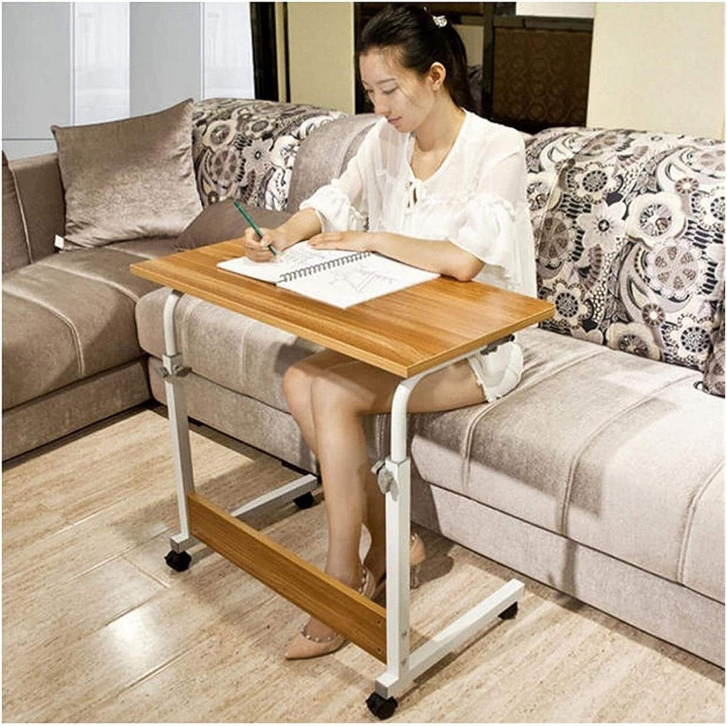 Height Adjustable Table Side Table for Bed Sofa Hospital Nursing Reading Eating Portable Computer Desk for Living Room Bedroom (Color : Teak Size : 80x50cm) (White 60x40cm)