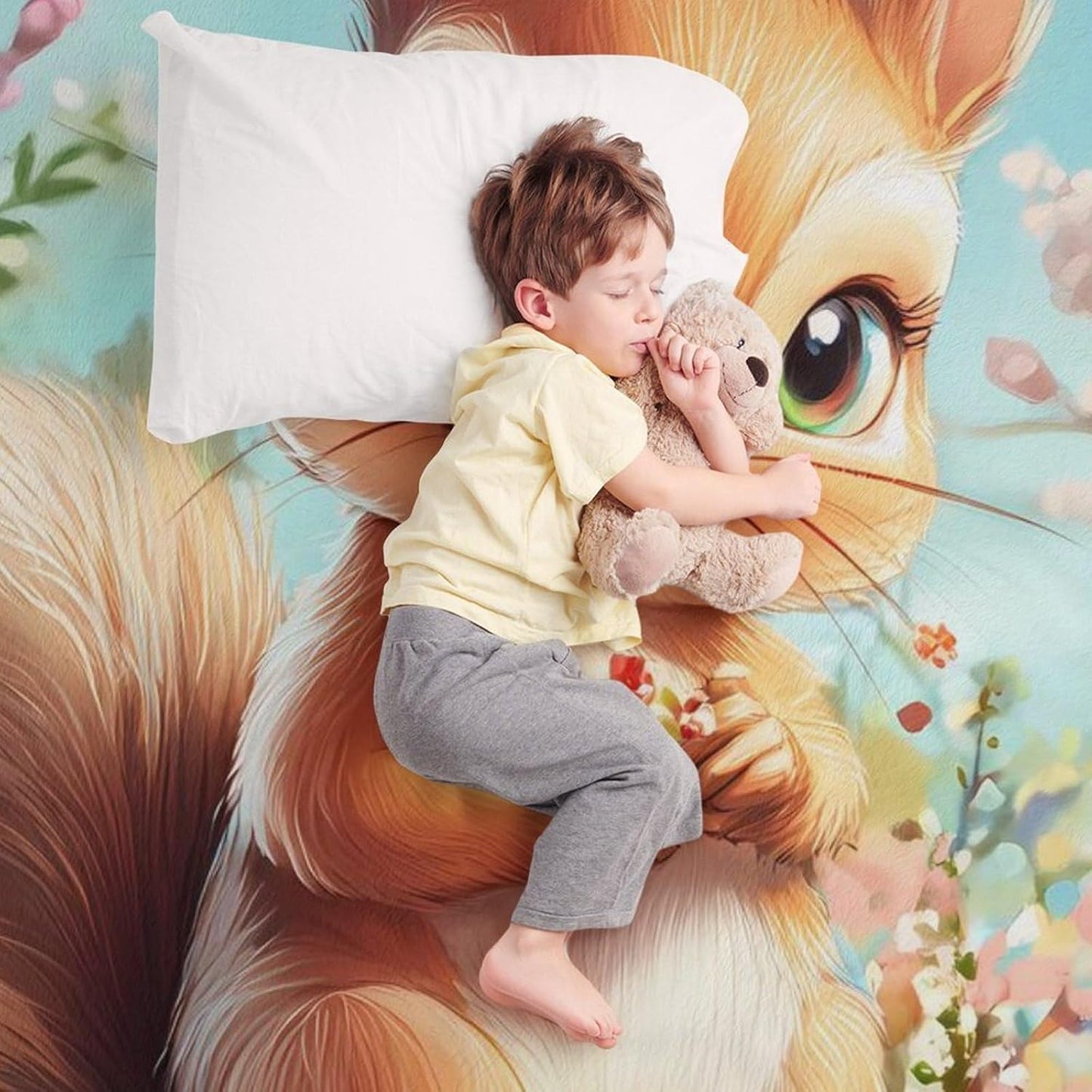 Cute Squirrel with Flowers Throw Blanket for Couch Bed Plush Cozy Fuzzy Flannel Blanket for All Season 60"x80"