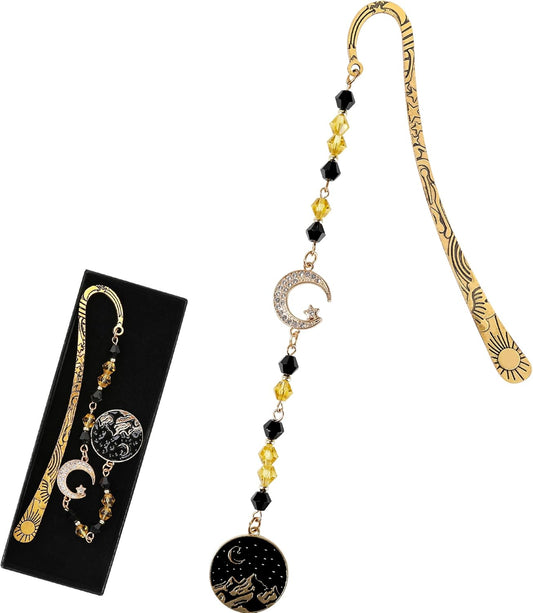 Fantasy Acotar Metal Bookmark - Retro Vintage Hook Book Marks Page Mark with Beaded Black Gold Moon Charm for Women Men Students Teachers Reading Lovers Birthday Gifts School Accessories