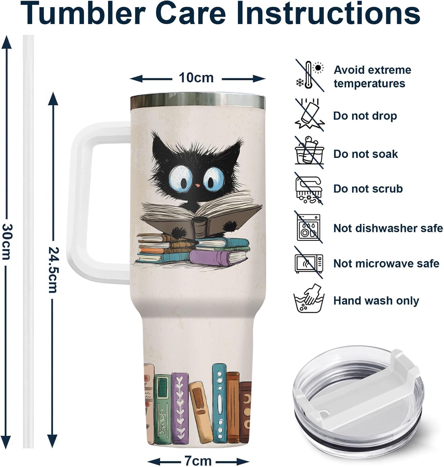 34HD Cat Book Tumbler 40oz with Handle Lid and Straw, Funny Once Upon a Time Girl Loves Bookish Items Vacuum Insulated Travel Mug, Birthday & Mother's Day Gifts for Pet Lovers & Him Her