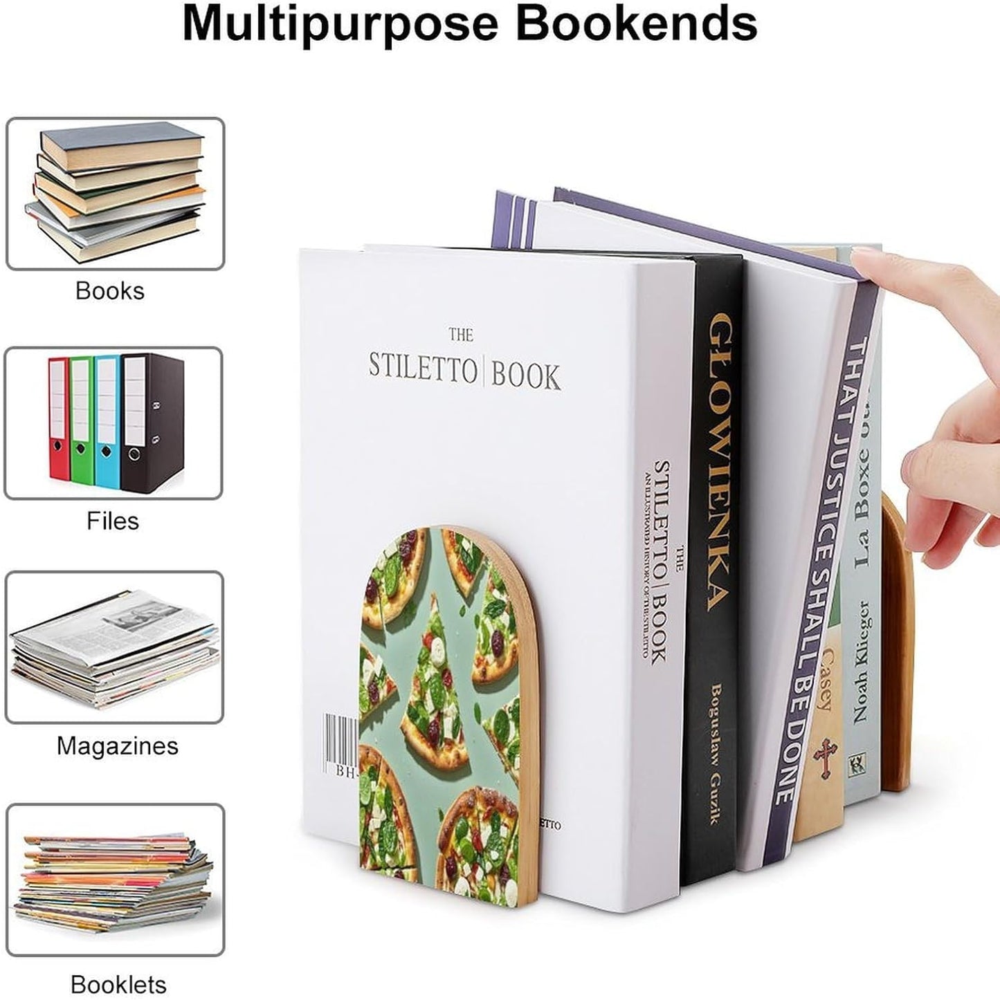 Green Pizza Slices Bookends 1 Pair Heavy Duty Book Ends for Shelves Non-Skid Bookend Supports Wooden Book Holders with Metal Base Desk Organizers Books Storage to Hold Books