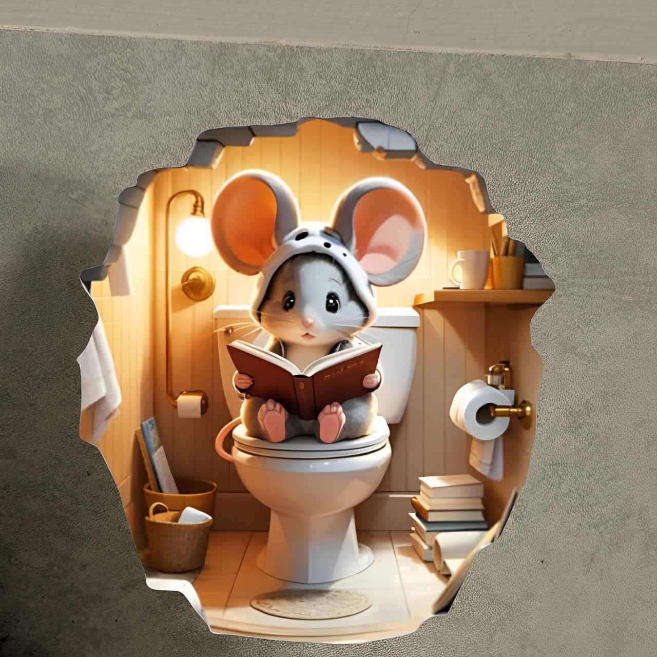 3D Cute Little Mouse on Toilet Reading Book Wall Decal Sticker, Pack of 2, Size 4 inches
