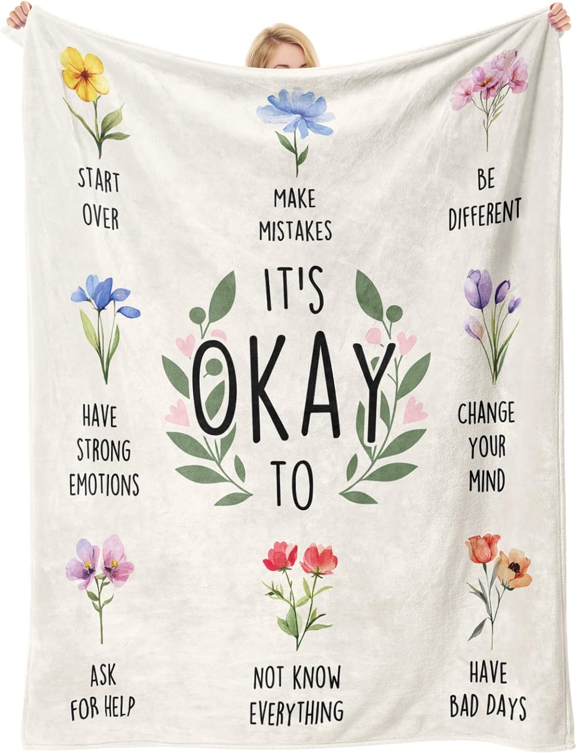 Inspirational Birthday Gifts for Women, Encouragement Gifts for women, Stress Relief, Mental Health, Christian Motivational Gift for Her Female, Positive Affirmation Blanket with Flowers 50'' x 60''