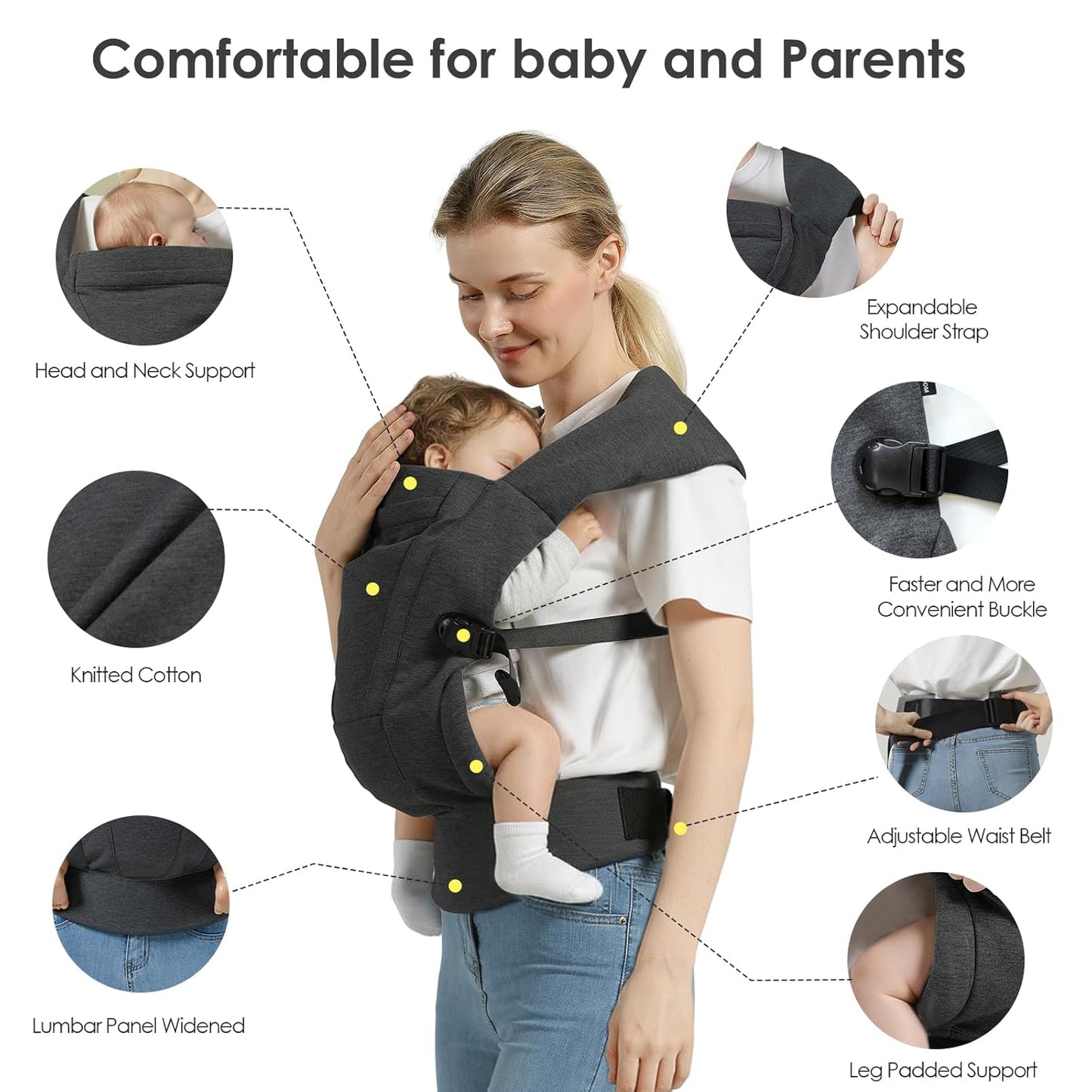 Baby Carrier Newborn to Toddler Baby Wraps Carriers(7-30lbs), Newborn Carrier with Head Support, Infant Holder Carrier with Enhanced Lumbar Support, Dark Grey