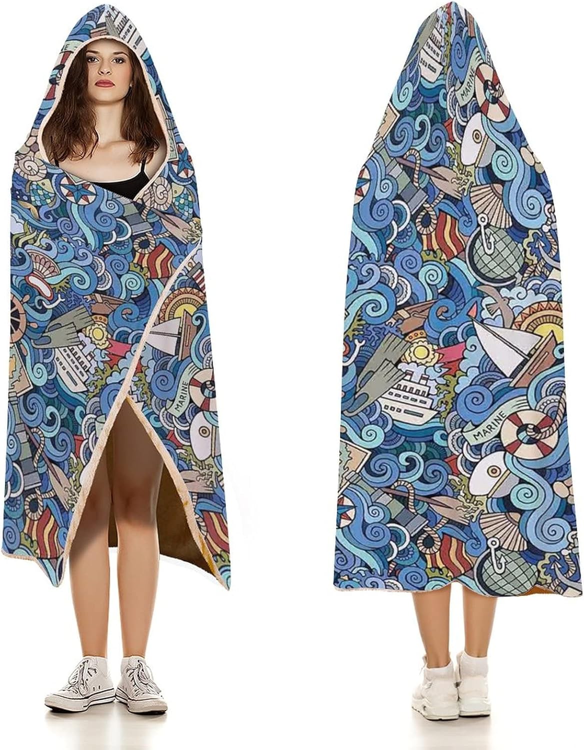 Throw Blankets, Nautical Decor Women Men Hooded Blanket, Abstract Pattern Sea Shells Sea Horse, Soft Warm Cozy, 50 x 60inches, Studying Reading Snuggling Napping Office, Multicolor