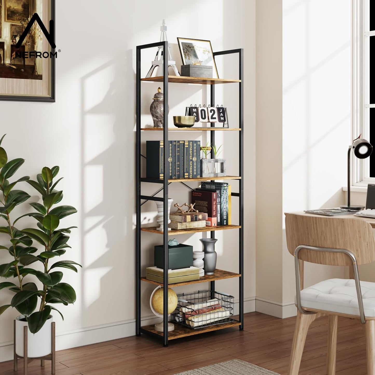 Book Shelf, Adjustable 6-Tier Tall Bookshelf, Wooden Bookcase Shelves for Bedroom, Living Room, Display Shelf for Home, Office, Kitchen, Standing Shelving Unit Storage Organizer BC-BR-6