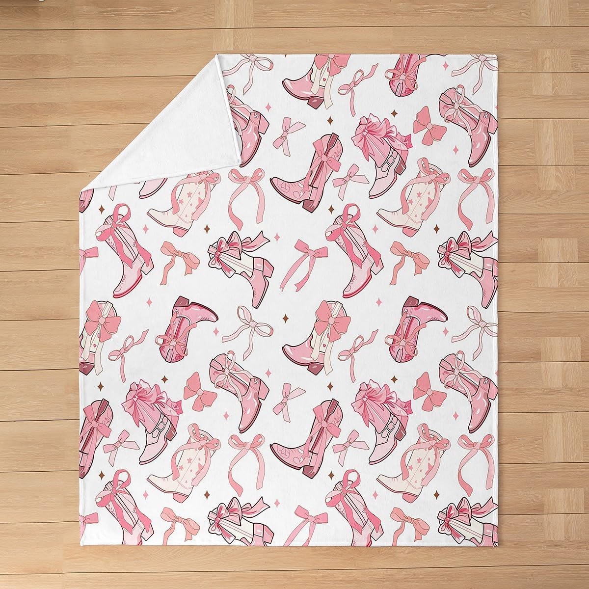 Cowgirl Bed Blanket,Western Cowboy Boots Pink Bowknots Flannel Blanket for Room Decor,Dreamy Fairy Tale Princess Starry Pink White Fleece Blanket for Kids,Super Soft Blanket,Throw 50"x60"