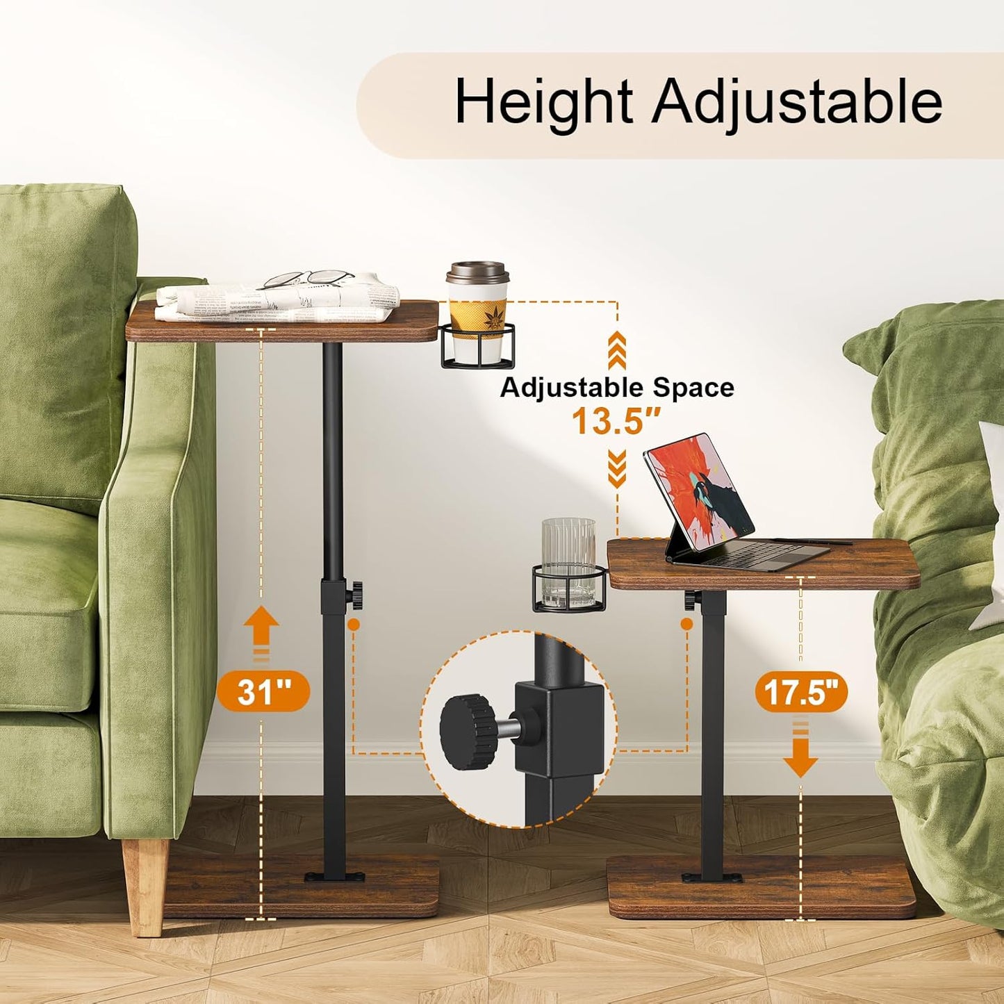 Giikin TV Tray Table, 360° Swivel Height Adjustable TV Trays for Eating on Couch,Sofa Armrest Side Table for Small Spaces Sofa Bed Dinner, Rustic Brown