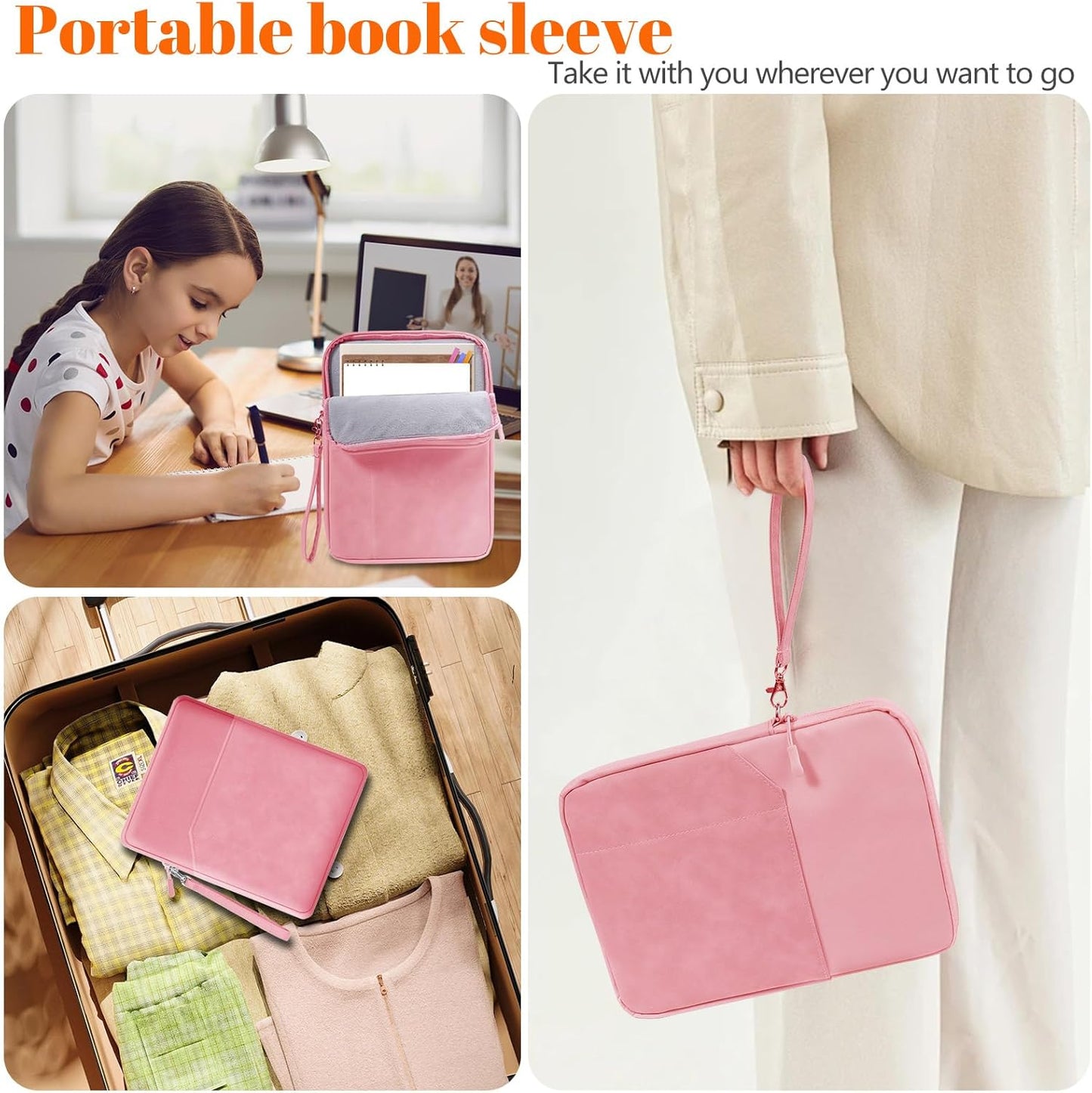 Book Sleeve with Zipper,9''x11''Book Sleeve Washable Book Protector Book Pouch Paperback HardBook Cover for Book Lovers Reading Accessories Gift (Pink)