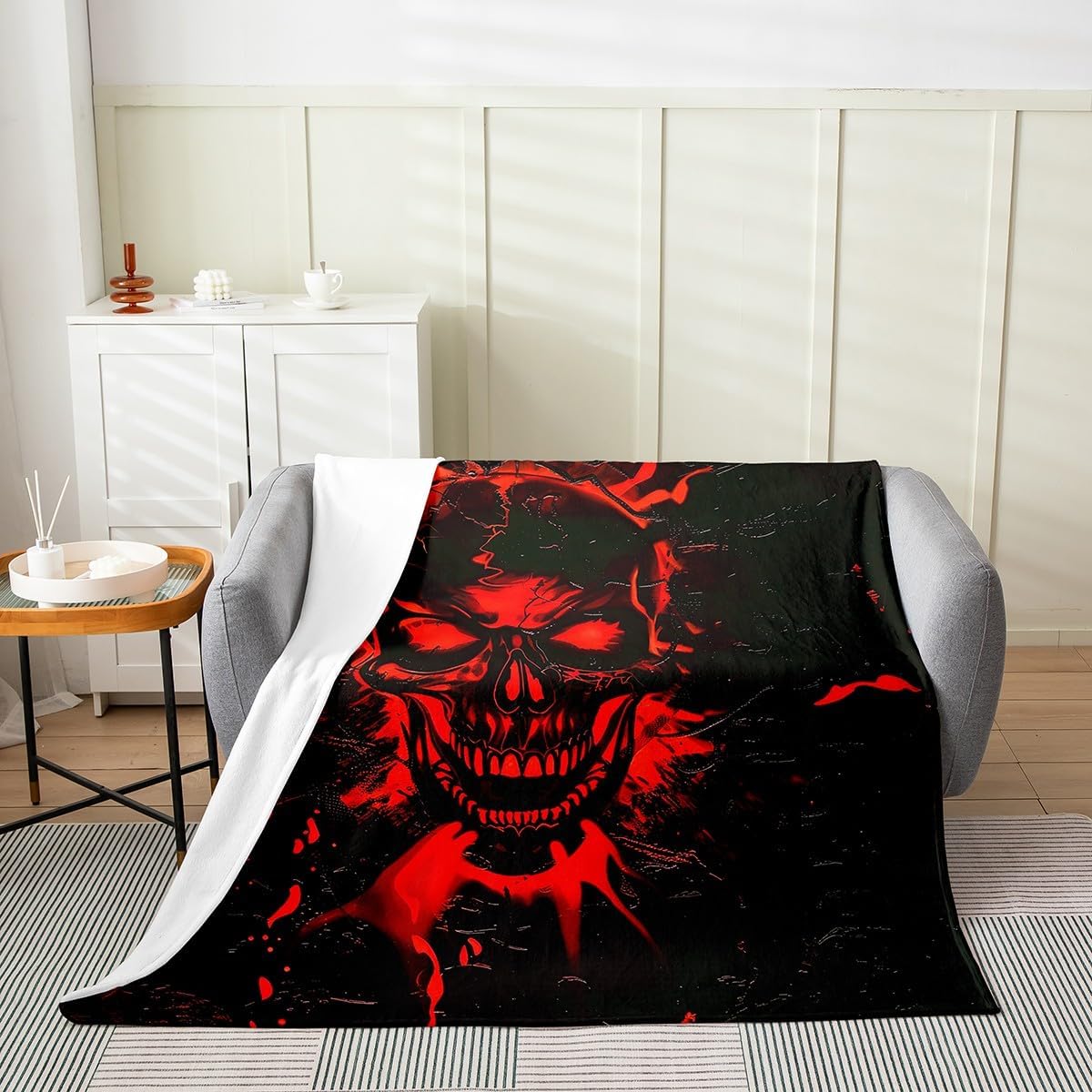 Erosebridal Goth Skull Throw Blanket Queen 90x90 Inch for Bedroom Living Room Sofa Couch,Red Black Fleece Blanket,Neon Sugar Skull Flannel Blankets,Halloween Gothic Bed Blankets