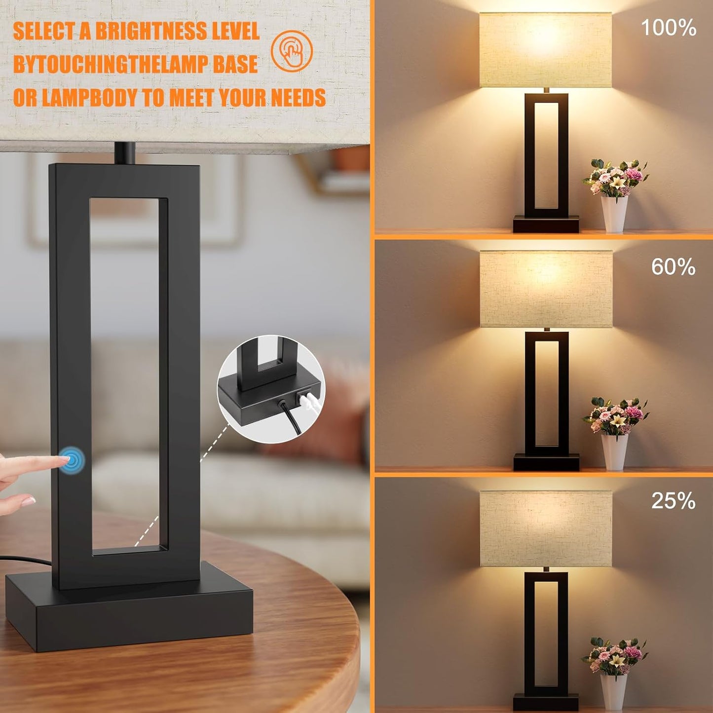 Seealle 22" Tall Living Room Lamps for Night Stands - Touch Bedside Lamp with USB C+A, 3 Way Dimmable Bedroom Lamps for End Tables Set of 2, Modern Night Stand Lamps for Bed Side(Cream&Black)