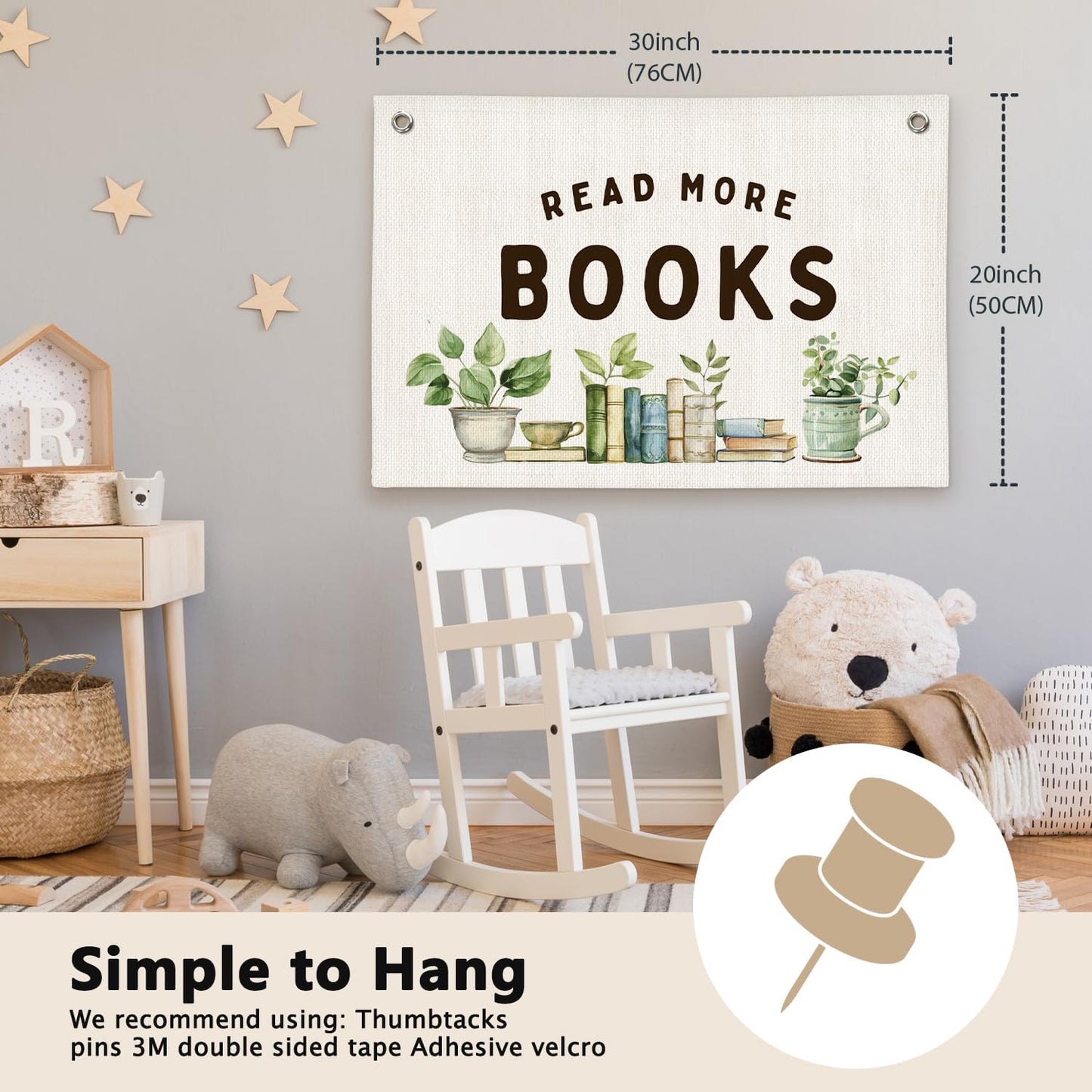 Read More Books Botanical Reading Room Decor - Linen Banner Wall Hanging Canvas Banner Flag Decor for Kids Nursery Toddler Reading Corner Nook Classroom Library