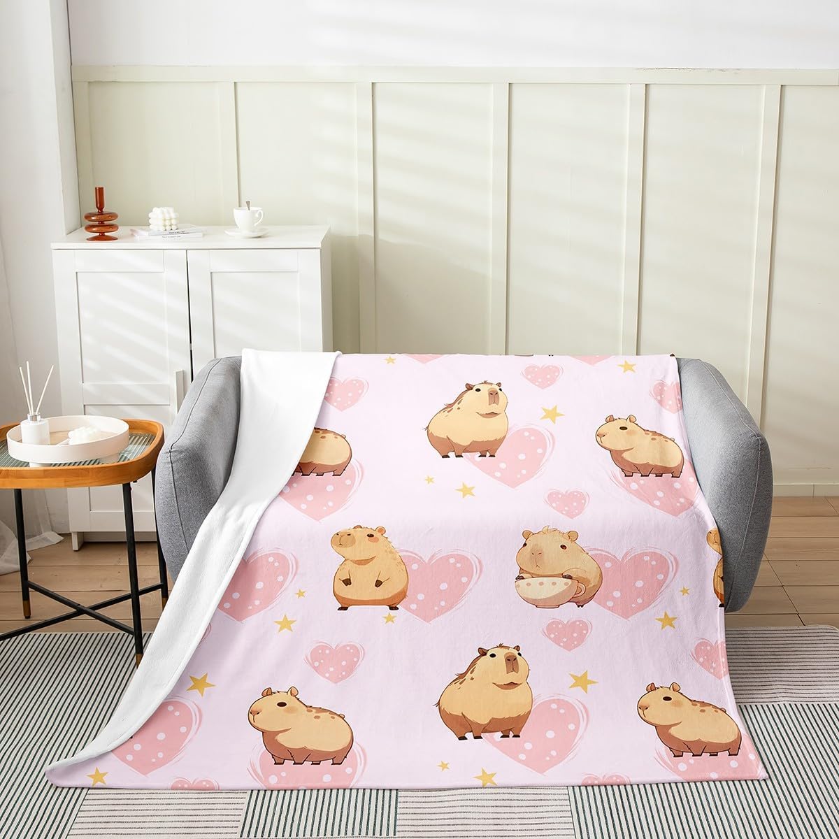 Erosebridal Capybara Throw Blanket for Kids Boys Girls,Cartoon Animal Fleece Blanket,Pink Love Heart Flannel Blanket,Cute Capybara Bed Blanket for Bedroom,All Season,Queen 90x90 inch