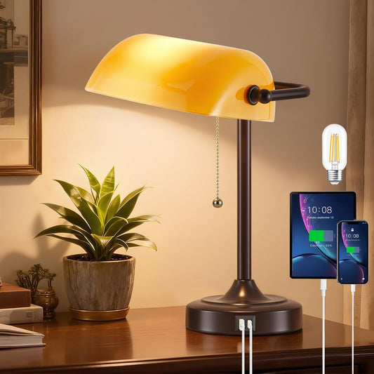 Vintage Bankers Lamp - Retro Desk Lamp with USB & Type C Charging Ports Traditional Pull Chain Switch Library Table Lamp for Home Office Nightstand Bedroom Side Table Lamp(Amber Glass Shade)