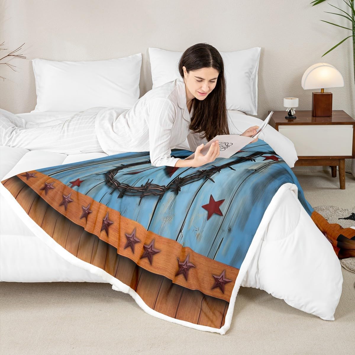 Red Western Texas Star Sherpa Blanket Rural Country Farmhouse Fleece Throw Blanket for Bed Sofa Couch Rustic Wooden Board Plush Blanket Vintage Brown Blue Fuzzy Blanket Twin 60"x80"