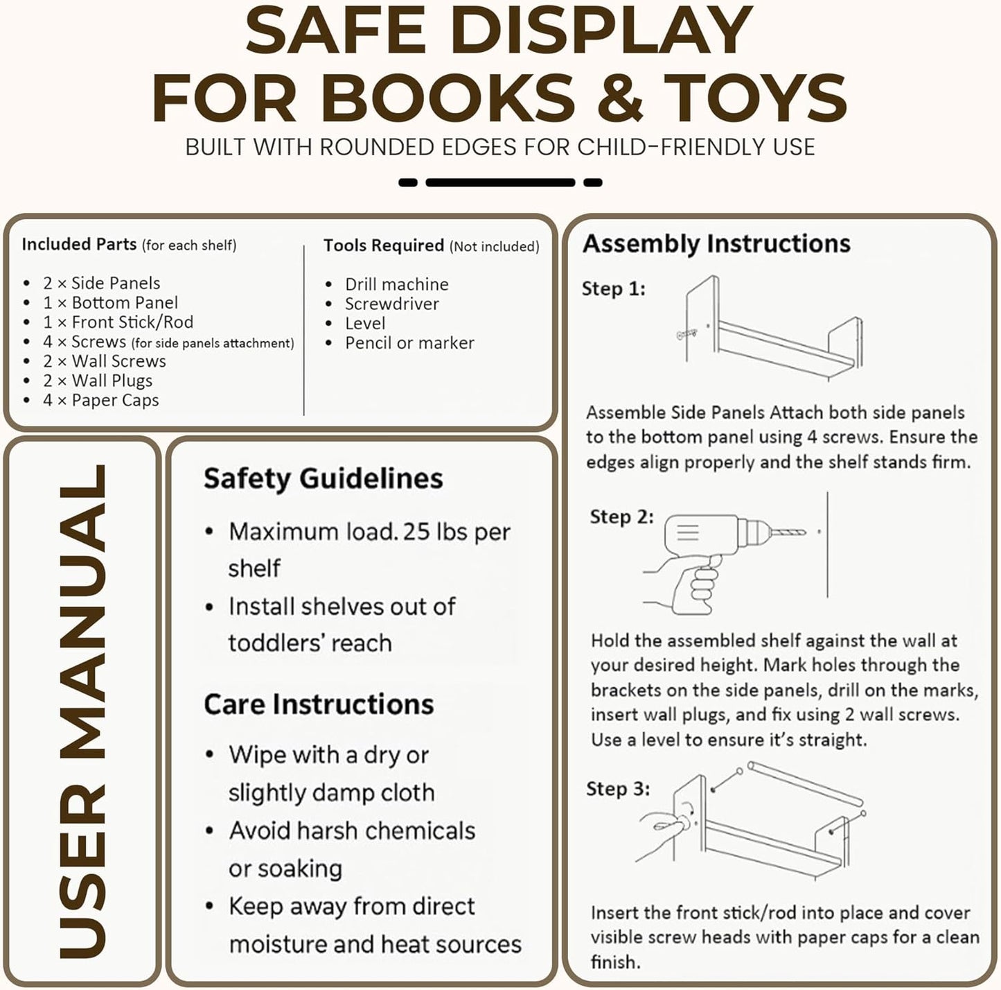 rahima Nursery Bookshelf Set of 2 – 16” Handcrafted Wooden Floating Shelves for Nursery Wall, Baby Book Shelf for Nursery, Nursery Floating Shelves with Support Rod