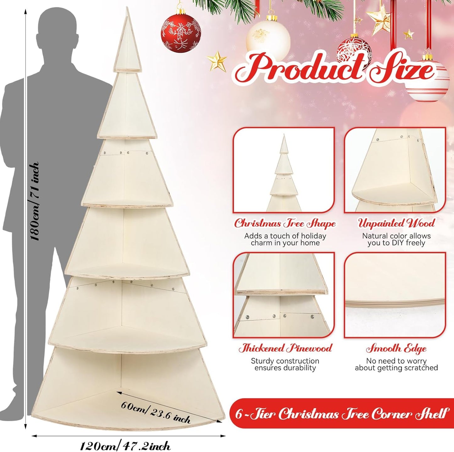 6 Tier 71 Inch Large Wooden Tree Shaped Display Shelf Christmas Village Tree Stand Corner Shelf Wood DIY Corner Bookshelf Space-Saving Storage Rack for Bedroom Living Room Decor