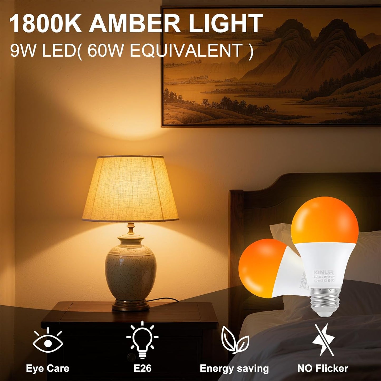 KINUR LED Amber Light Bulbs, A19 9W(60W Equivalent) 1800K E26 A19 Amber Soft Light Bulbs Warm Light for Bedroom, Healthy Sleep, Turtle Friendly Light 4 Pack