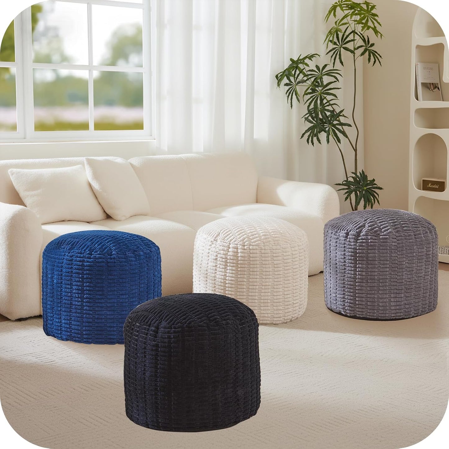 Round Stuffed Pouf, Corduroy Poufs with Foam Chunk Filling,20 X 15 Inches Floor Poufs Foot Rest for Living Room