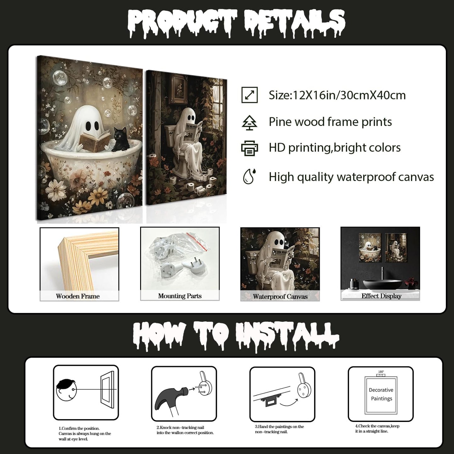 Halloween Ghost Bathroom Wall Art Set of 2, Funny Gothic Wall Decor Ghost and Black Cat in Bathroom Poster Canvas Prints Artwork Dark Academia Pictures for Bedroom Living Room 12x16 inch Framed