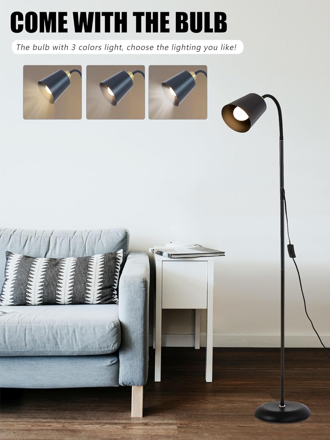 AoMck Floor Reading Lamp, Industrial Standing Lamps for Living Room with Adjustable Bendable, 2 in 1 Reading Table Lamps for Living Room Bedroom Office, 12W LED Bulb Included (Black Poles)