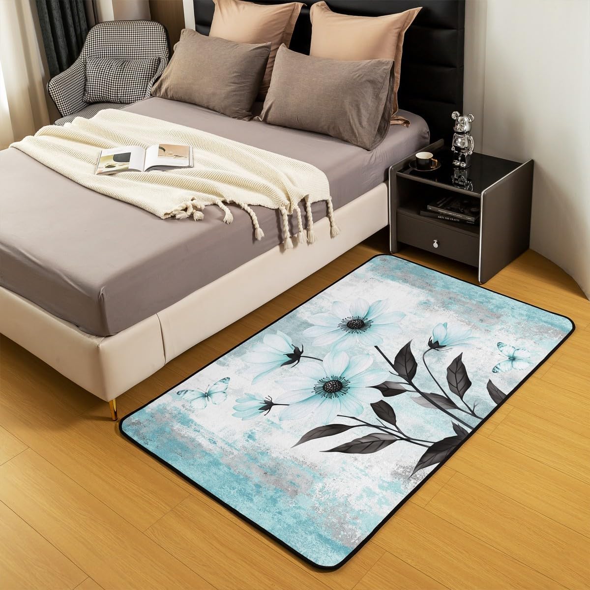 Turquoise Daisy Flower Area Rug 4'11" x 3'3" Spring Blossom Carpet Abstract Oil Painting Indoor Floor Mat Watercolor Floral Rustic Farmhouse Decorative Washable Rug Ombre Blue Grey Design for Adults