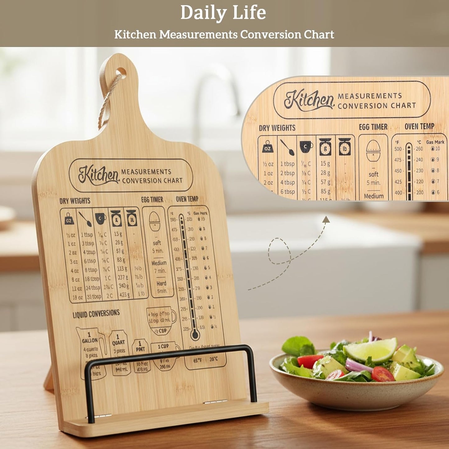 Bamboo Cookbook Stand for Kitchen Counter, Foldable Cook Book Holder with Measurement Conversion Chart Recipe Book Stand Essential Accessories for Holding Cookbooks