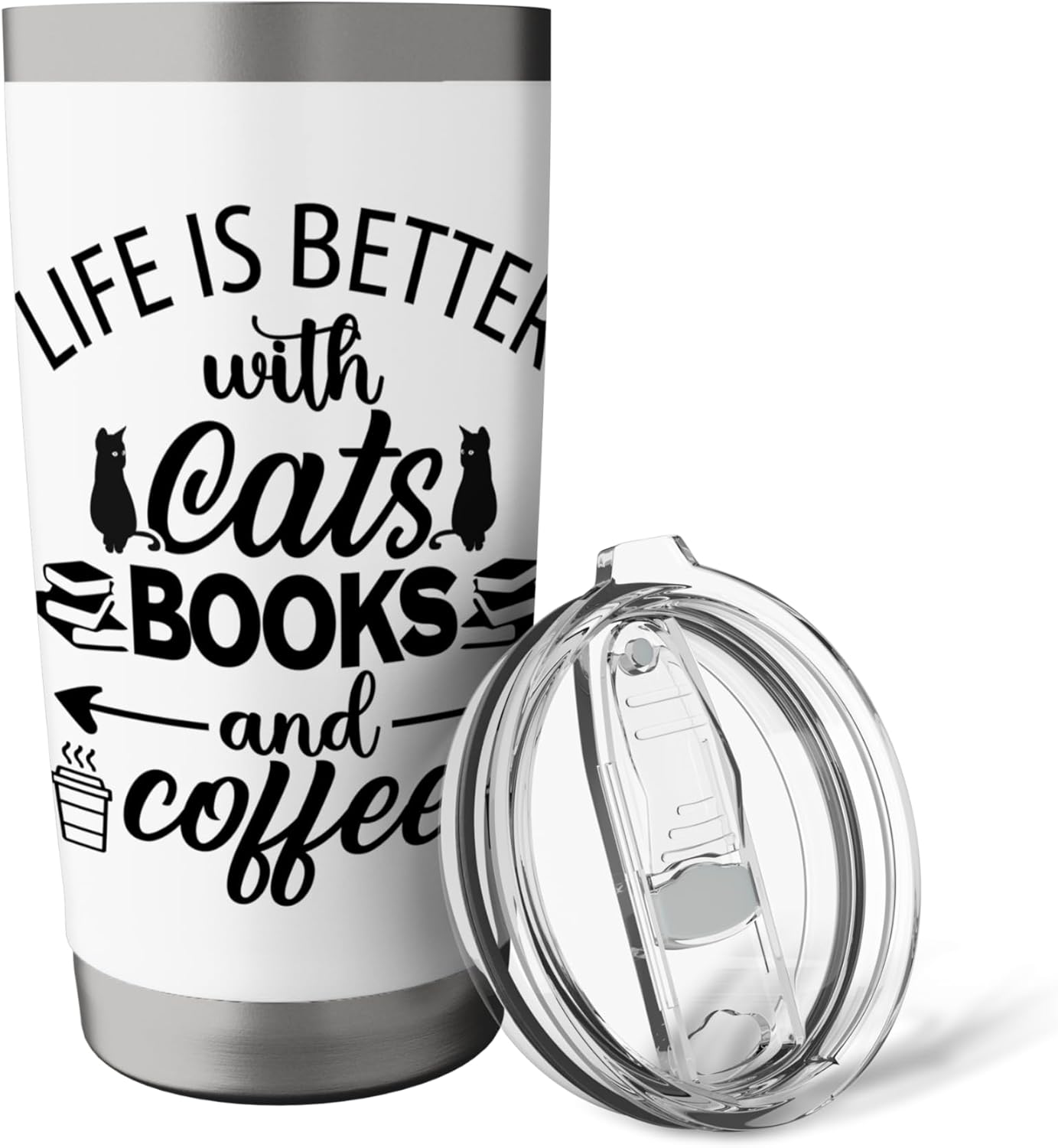 Life is Better with Cats & Books Coffee Black Cat Book Lover Stainless Steel Insulated Tumbler