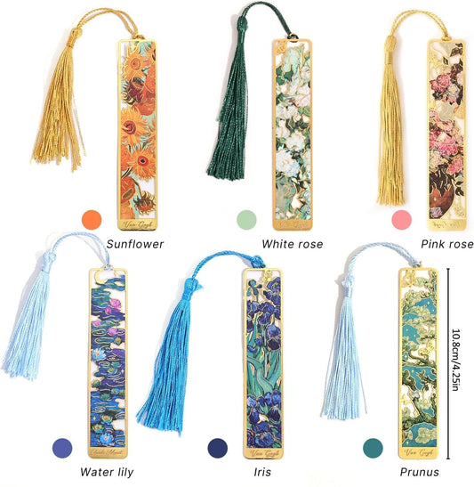 6 Pieces Metal Bookmarks with Tassel, Golden Hollow Bookmark Van Gogh and Claude Monet Oil Painting Theme Book Mark Bookmarks for Book Lovers Writers Readers Children Teens Men Women (6Pcs)