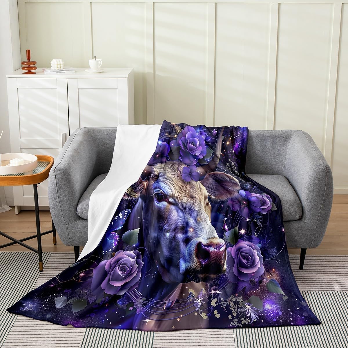 Erosebridal Highland Cow Fleece Blanket for Kids Boys Girls,Purple Rose Cow Flannel Blanket 50x60 inch,Cowhide Throw Blanket,Farmhouse Cow Bed Blanket for Sofa Couch,All Season