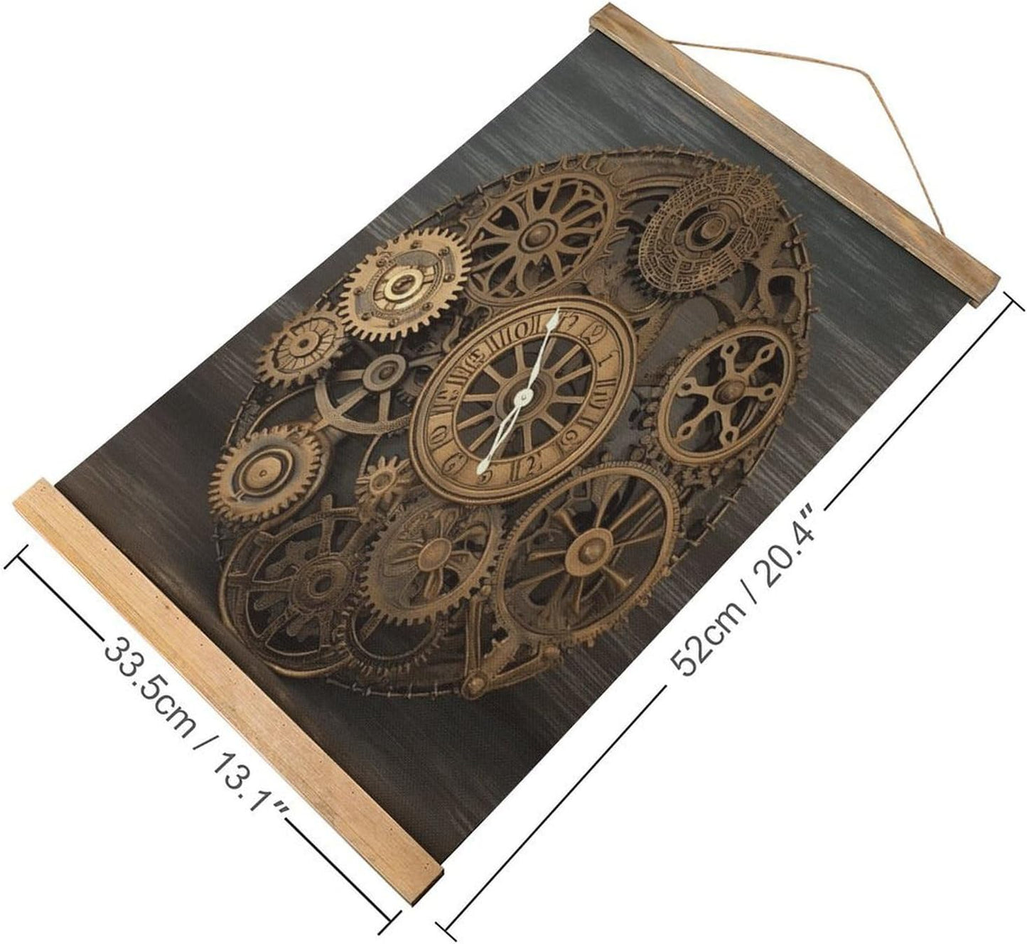 Vintage Steampunk Gears Clock Poster with Wooden Frame Personalized Linen Hanging Scroll Painting Rustic Wall Hanging Illustrative Modern Artwork Decor for Home Living Room Bedroom Office