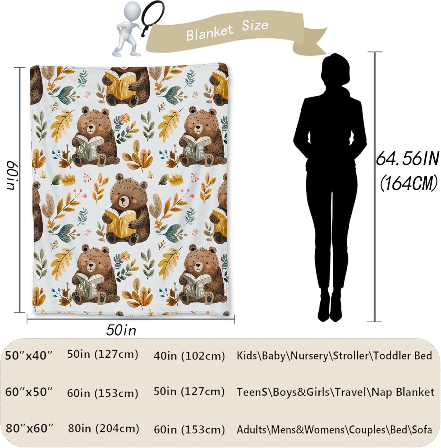Cute Bear Blanket, Soft Warm Lightweight Animal Flannel Throw Blanket for Couch, Bed, Travel & Outdoor, Cozy Fluffy Fuzzy Blankets for Women Men, Home Decor 50×40 in