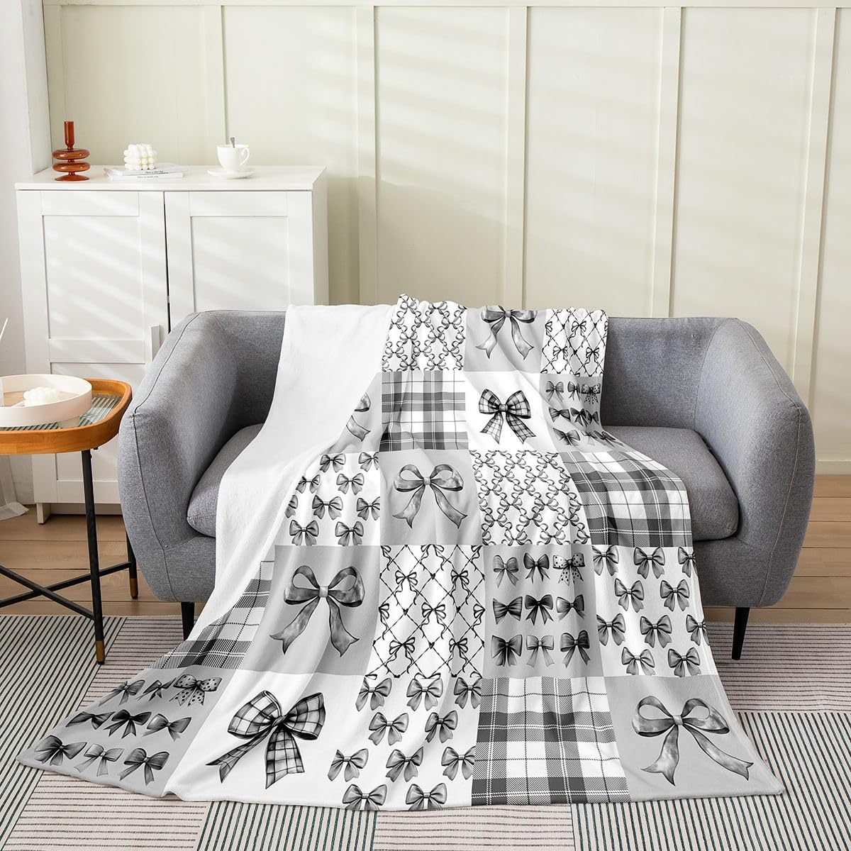 Feelyou Gray Bow Flannel Blanket Plush Fuzzy Princess Bow Fleece Throw Blanket for Boys Girls Cute Bowknot Plush Lightweight Sofa Throw Kawaii Baby 30"x40" for Bed Couch Chair Living Room