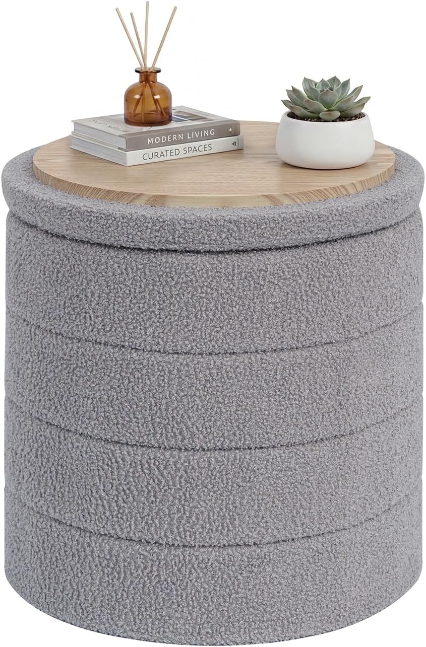 17" Teddy Fabric Round Storage Ottoman, 2-in-1 Flip Top Foot Rest，Ottoman Coffee Table for Small Space Living Room, Bedroom,Hallway-Grey