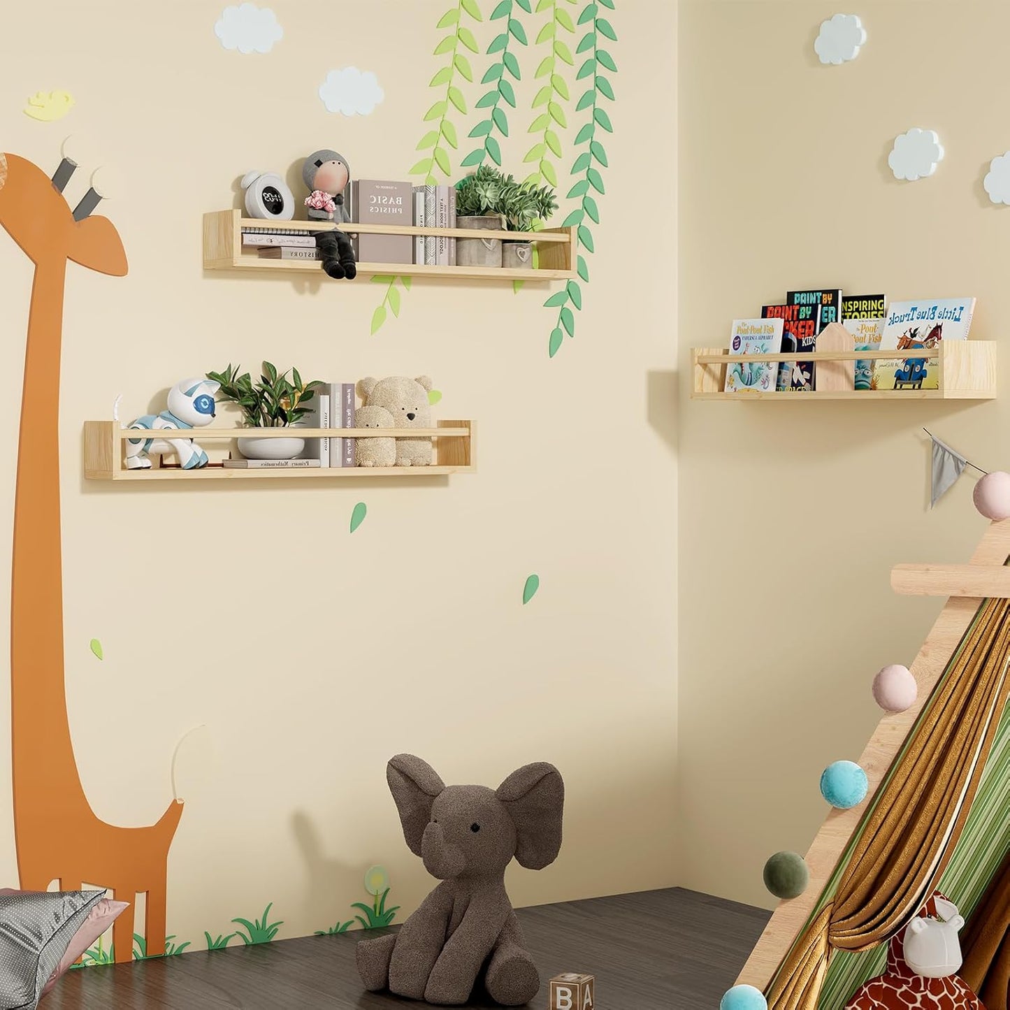 Fixwal Nursery Book Shelves, 23.6 Inch Floating Bookshelves for Wall Set of 3, Baby Nursery Decor, Solid Wood Wall Mounted Shelves for Books, Toys and Decor Storage (Natural Wood)