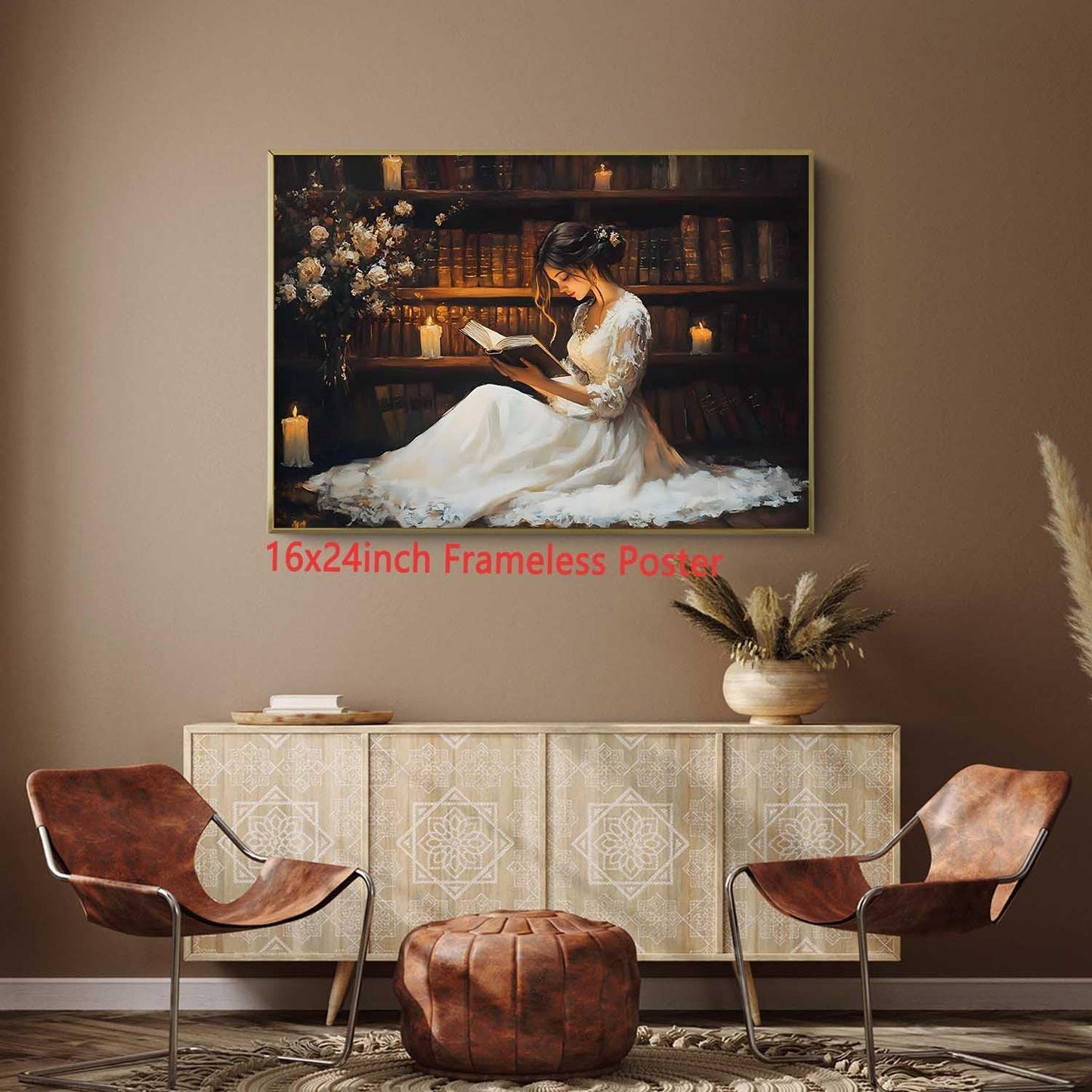 Frameless Poster16x24in Medieval Castle Vintage Moody Library Wall Art Victorian Girl Woman Reading Painting Book Lover Pictures Bookshelf Painting Dark Academia Library Prints Vintage Book Posters