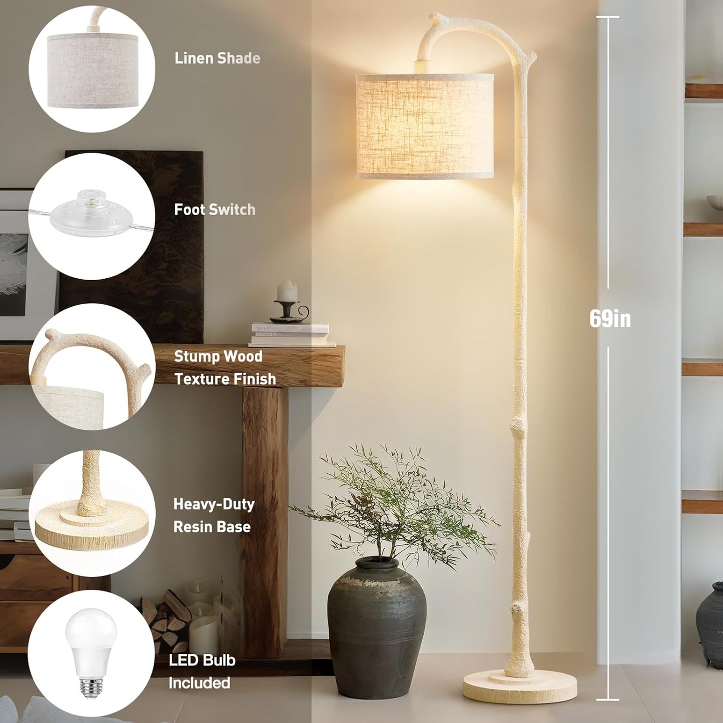 Floor Lamp for Living Room - 69" Rustic Farmhouse Tall Lamp with Adjustable Color Temperatures- Country Resin Vintage Reading Light Standing Lamps for Bedroom Office Home Decor, Almond White