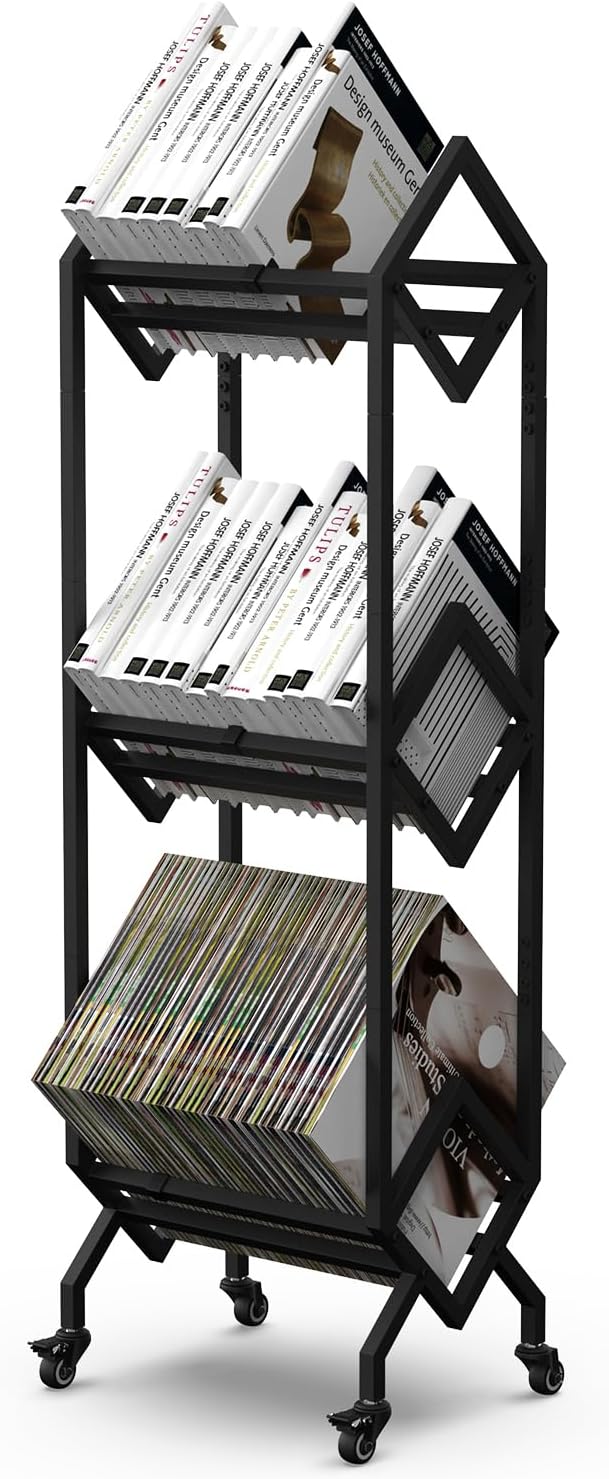 Bookshelf Book Cart Rack Industrial Metal Bookcase 3 Tier Holder with Wheels Modern Stylish Design Magazines Files Album Recipe Book Storage Organizer for Sofa End Bed Beside (3 Tier)