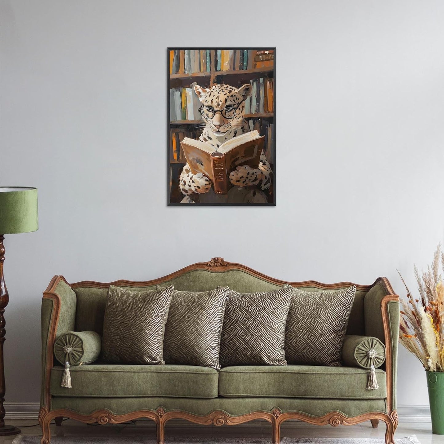 Trendy Leopard Reading Book Canvas Posters Funky Panther Library Wall Art Funny Animal Cheetah Aesthetic Prints Painting For Living Room Office Wall Decor 12x16in Unframed