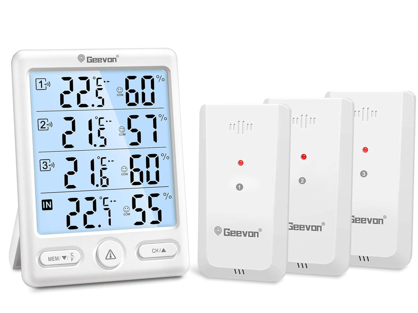 Geevon Indoor Outdoor Thermometer Wireless with 3 Remote Sensors, Digital Hygrometer Indoor Thermometer, Temperature Humidity Monitor Gauge with 200FT/60M Range (8649-WH)