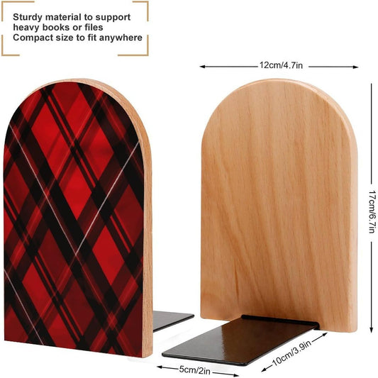 Red and Black Plaid Bookend for Shelves Wooden Book End Large Size Sturdy Book Holders Stoppers with Metal Base for Bookshelves Slick Decorative Bookends Stands