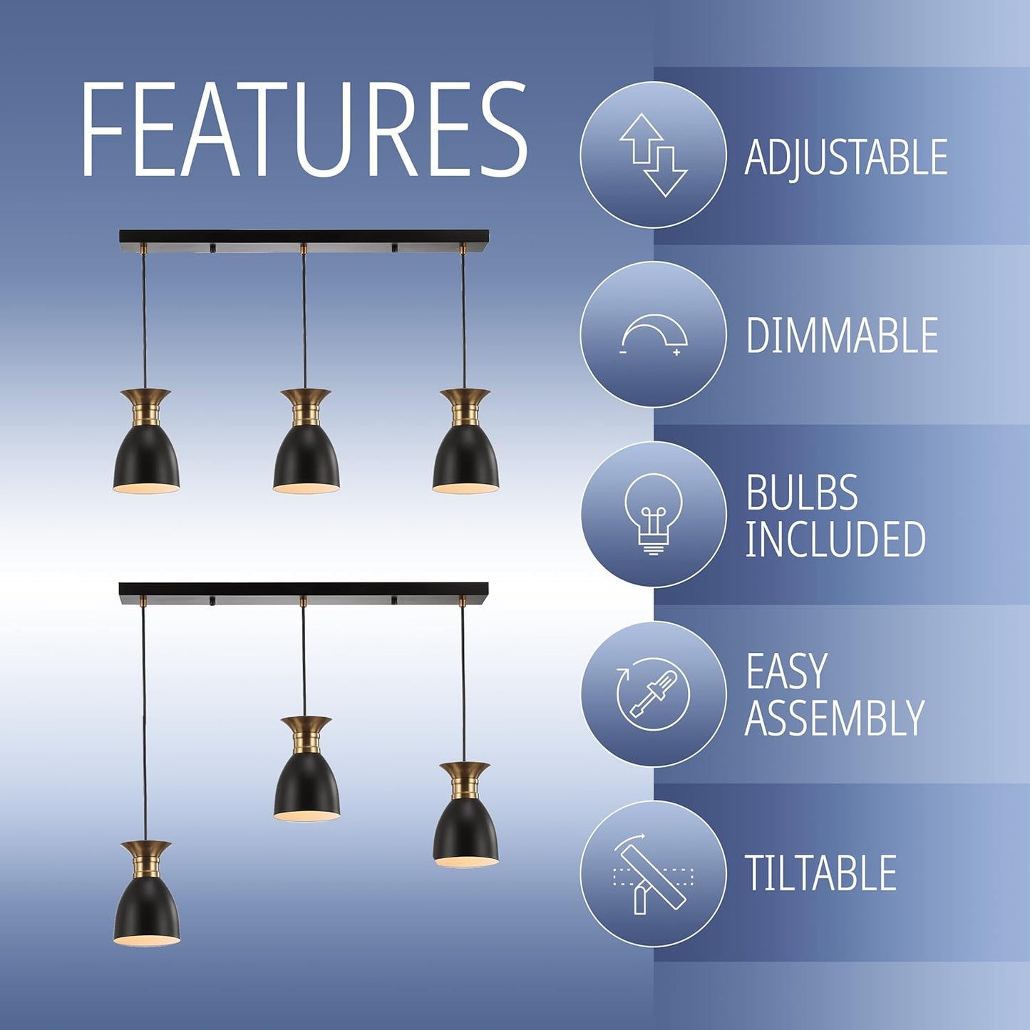 JONATHAN Y 33.25" Black/Brass Gold Modern Metal LED Pendant Light Fixture, Adjustable Hanging Ceiling Lamp for Kitchen Island Bedside, Metal Black Shade, LED Bulb Included (JYL6138A)