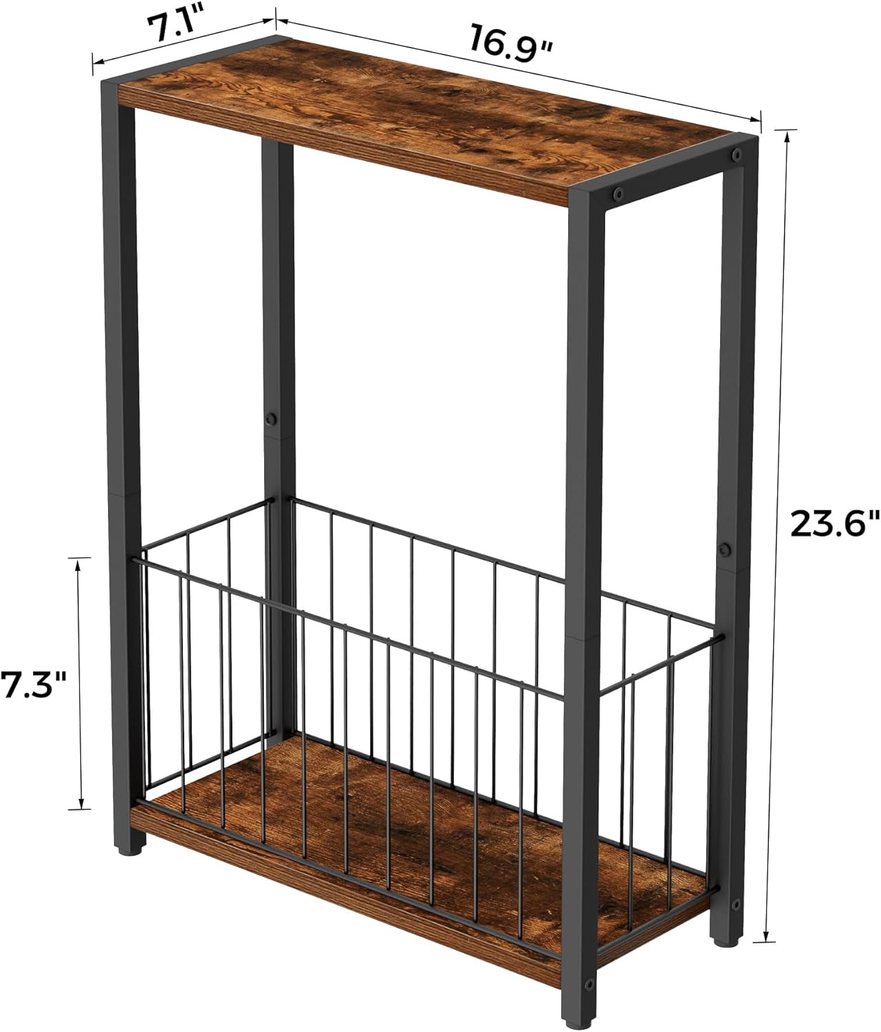 Narrow Side Table with Magazine Holder, Skinny End Table Perfect for Small Spaces, Space-Saving Design for Living Room, Bedroom, or Office, 7.1" D x 16.9" W x 23.6" H, Rustic Brown