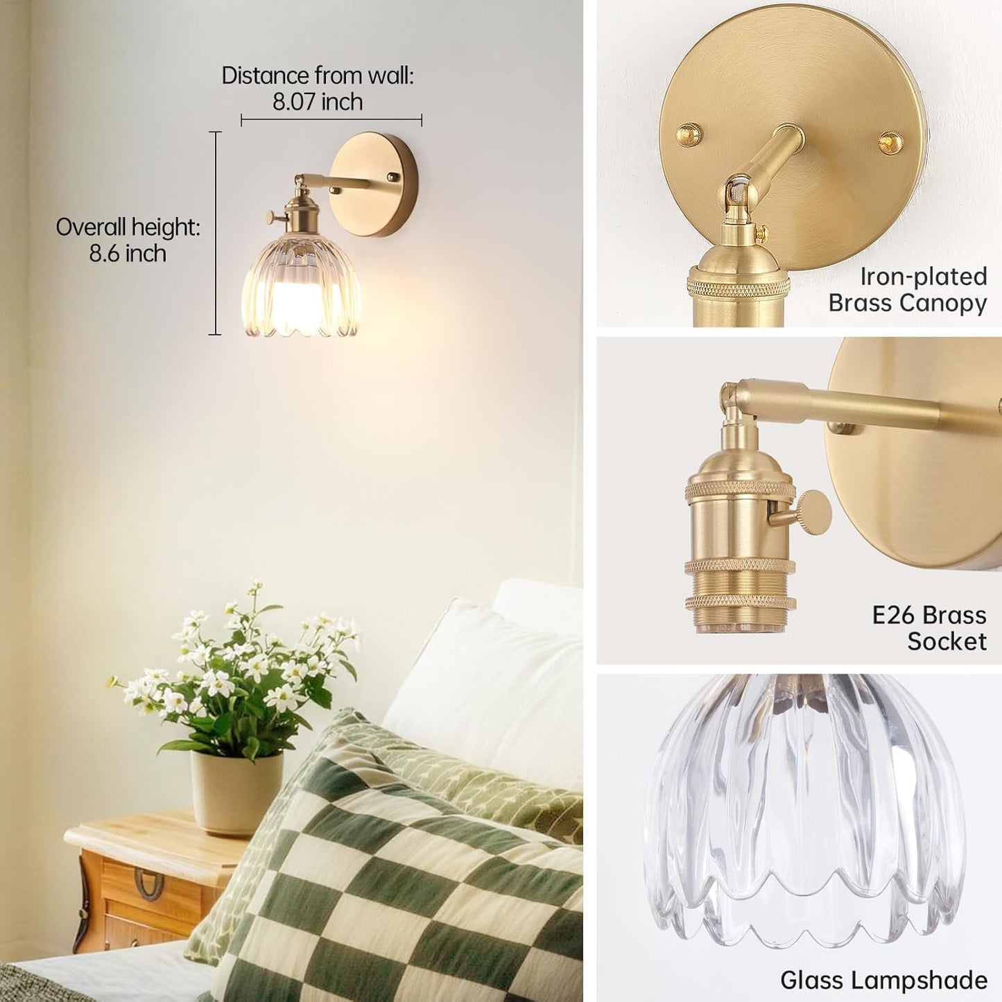 Vintage Battery Operated Wall Sconce with Transparent Tulip Glass Lampshade Rechargeable Battery Powered Wall Light with Remote Control for Bedside Bedroom Doorway