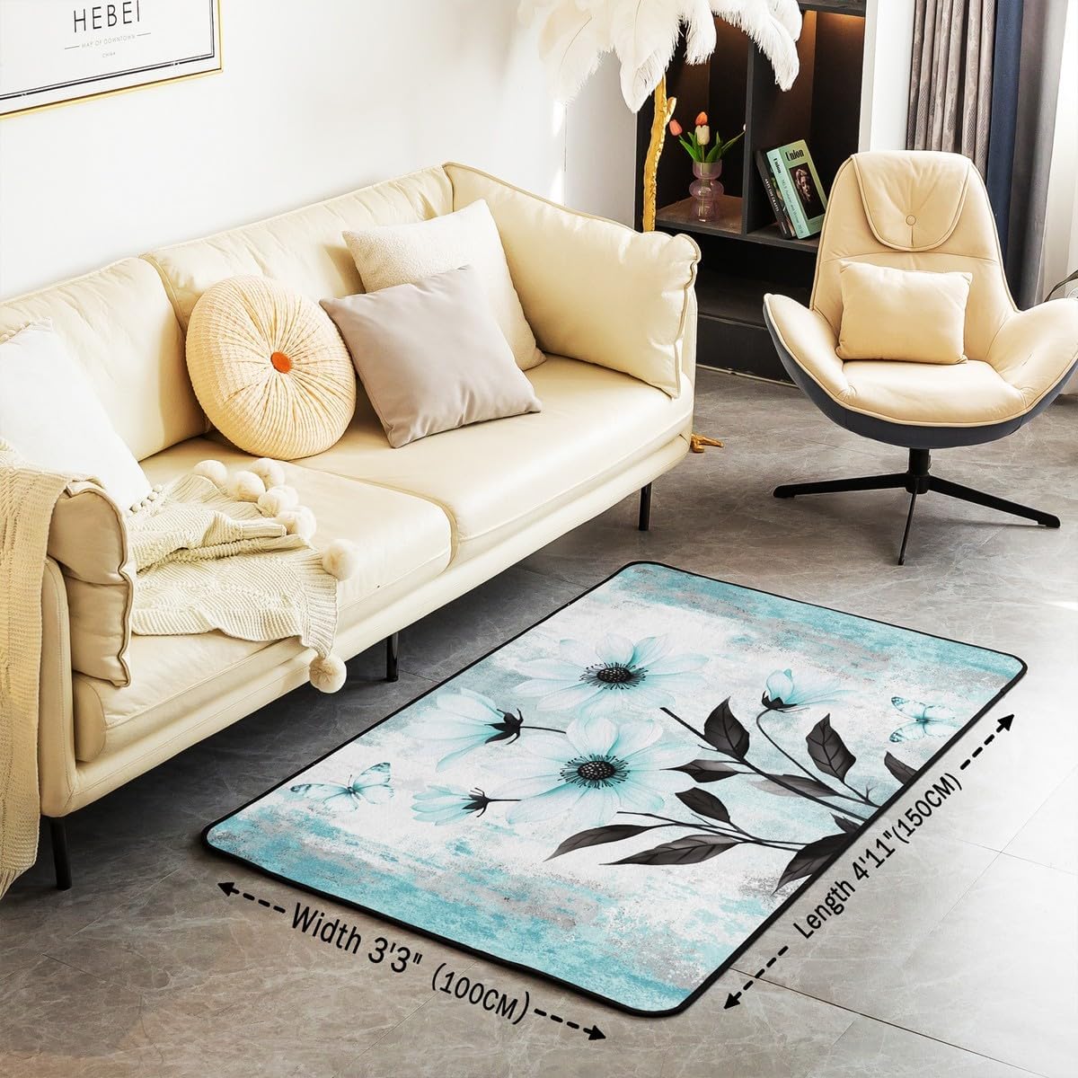 Turquoise Daisy Flower Area Rug 4'11" x 3'3" Spring Blossom Carpet Abstract Oil Painting Indoor Floor Mat Watercolor Floral Rustic Farmhouse Decorative Washable Rug Ombre Blue Grey Design for Adults