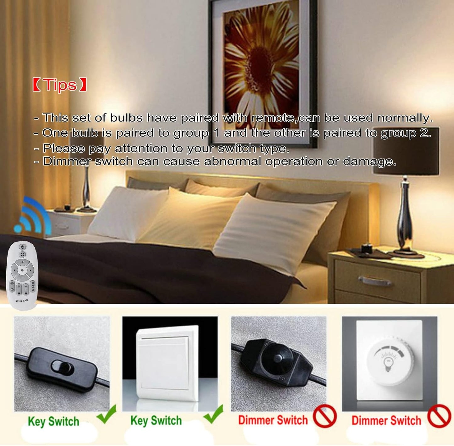 12W E26 Smart LED Light Bulbs Dimmable with 2.4GHz Wireless 3-Zone Remote Control - Adjustable Color Temperature (Warm/Cool) and Brightness 2 Pack (2 Bulb+1 Remote)