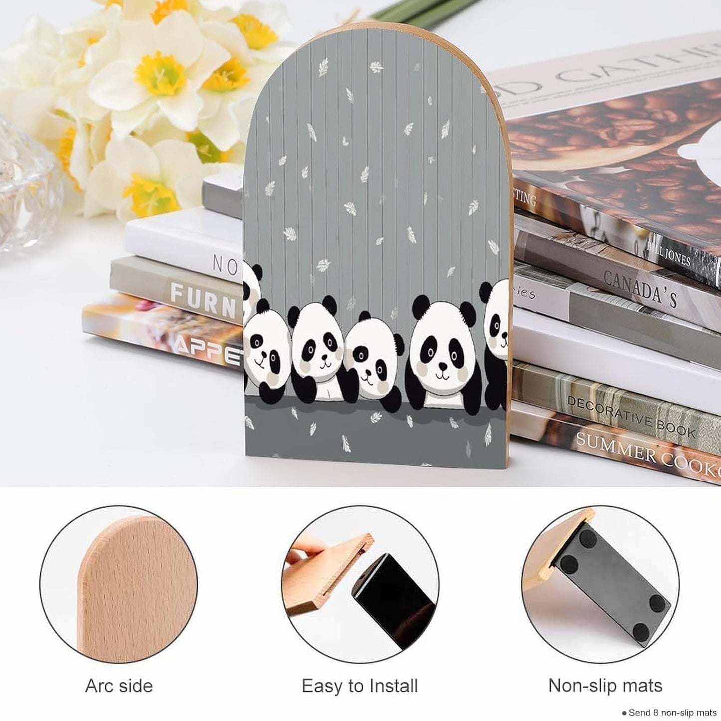 Funny Baby Panda Bookends 1 Pair Heavy Duty Book Ends for Shelves Non-Skid Bookend Supports Wooden Book Holders with Metal Base Desk Organizers Books Storage to Hold Books