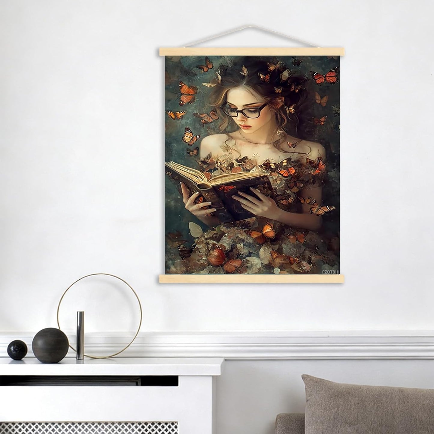 Reading Woman with Butterfly Canvas Wall Art, Dark Academy Picture Gothic College Aesthetic Wall Decor, Moody Victorian Female Scholar Poster Print, Bedroom Library Corner Bedroom Dorm, 12x16inch Framed