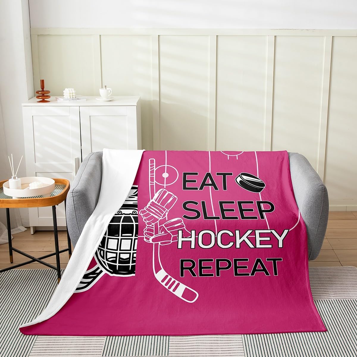 Feelyou Kids Ice Hockey Fleece Throw Blanket Throw 50"x60" Eat Sleep Hockey Fuzzy Blanket for Sofa Couch Winter Sports Hobby Pink All Season Bed Blanket Women Men Fuzzy Blanket