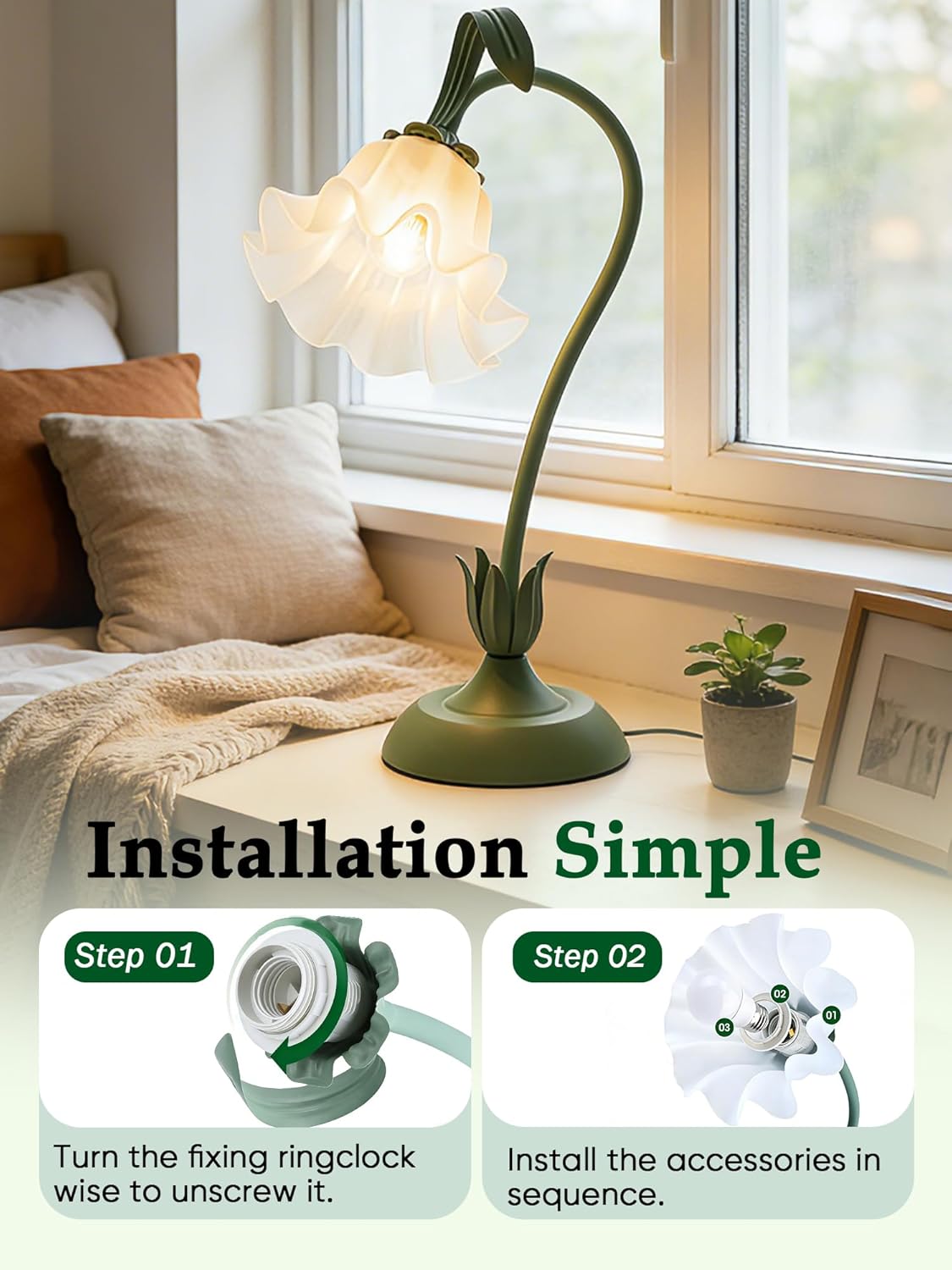 Flower Table Lamp Bedside Lamps LED Reading Light,3 Color Modes Cute Small Lamp,Vintage Flower Lamp Nightstand Lamp Kawaii Table Lamp for Bedroom Living Room Office Dorm Desk Home Decor(Green lamp)